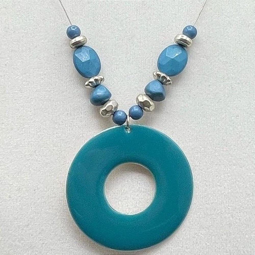 Vintage Silver-Tone Chain Lobster Teal Pendant Statement‎ Coordinating Beaded